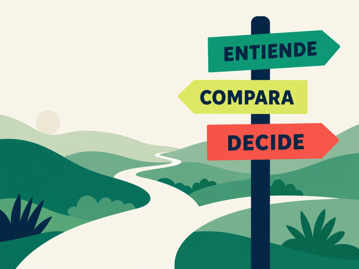 Tres señales muestran la ruta: entiende, compara y decide, frente a un camino entre colinas.